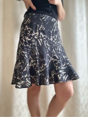 Tiered Black & Cream Printed  midi wool skirt